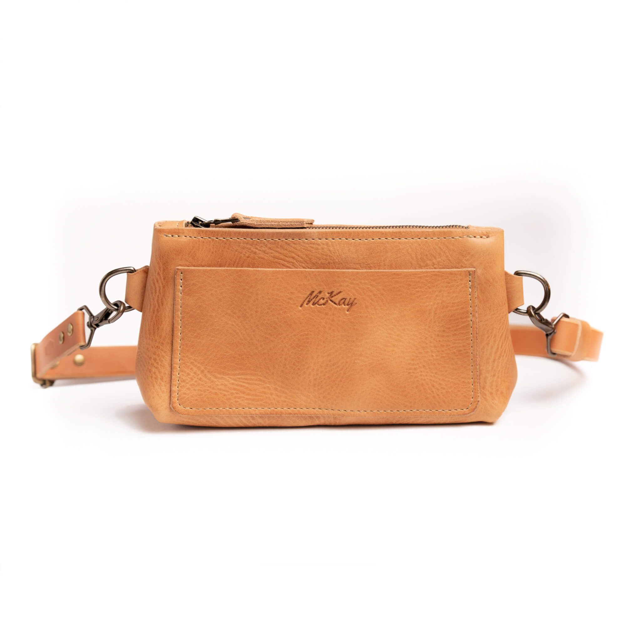 Dune natural Horween leather crossbody belt bag with solid brass zipper and front pocket, handmade in the USA
