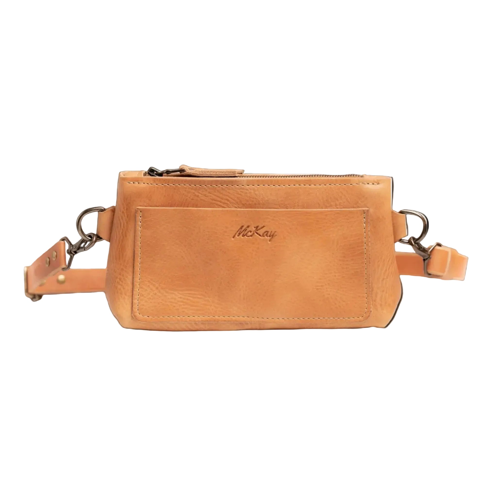 Dune natural Horween leather crossbody belt bag with solid brass zipper and front pocket, handmade in the USA