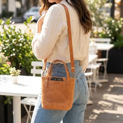 The Catalina Mini Crossbody Tote in Dune leather worn over the shoulder with its detachable crossbody strap, featuring a cute yet compact handmade leather tote design with reinforced handles, brass hardware, and a clean silhouette—crafted in the USA for everyday carry, travel, and effortless versatility.