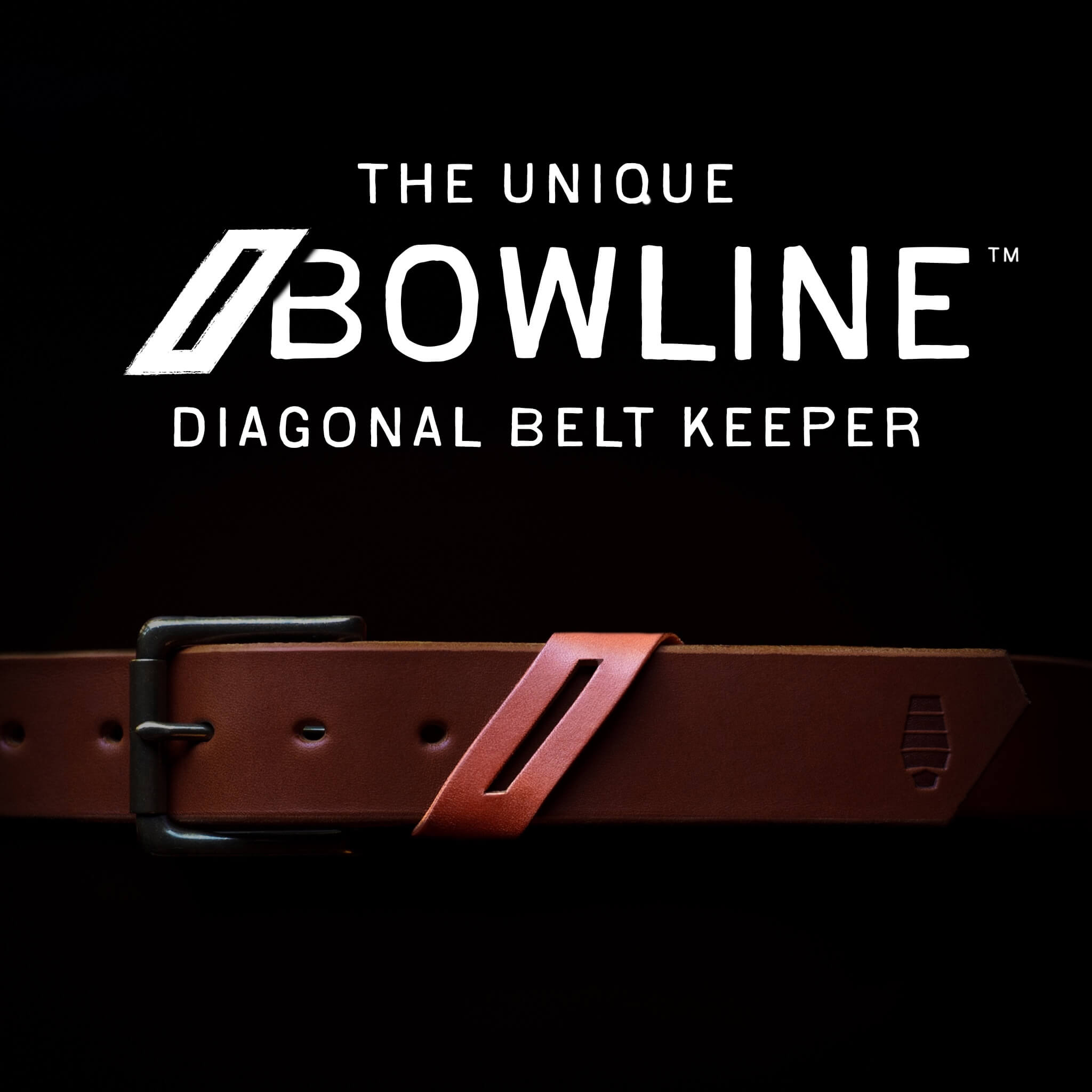 Chestnut belt with a unique diagonal belt keeper on a black background, featuring the Bowline brand.