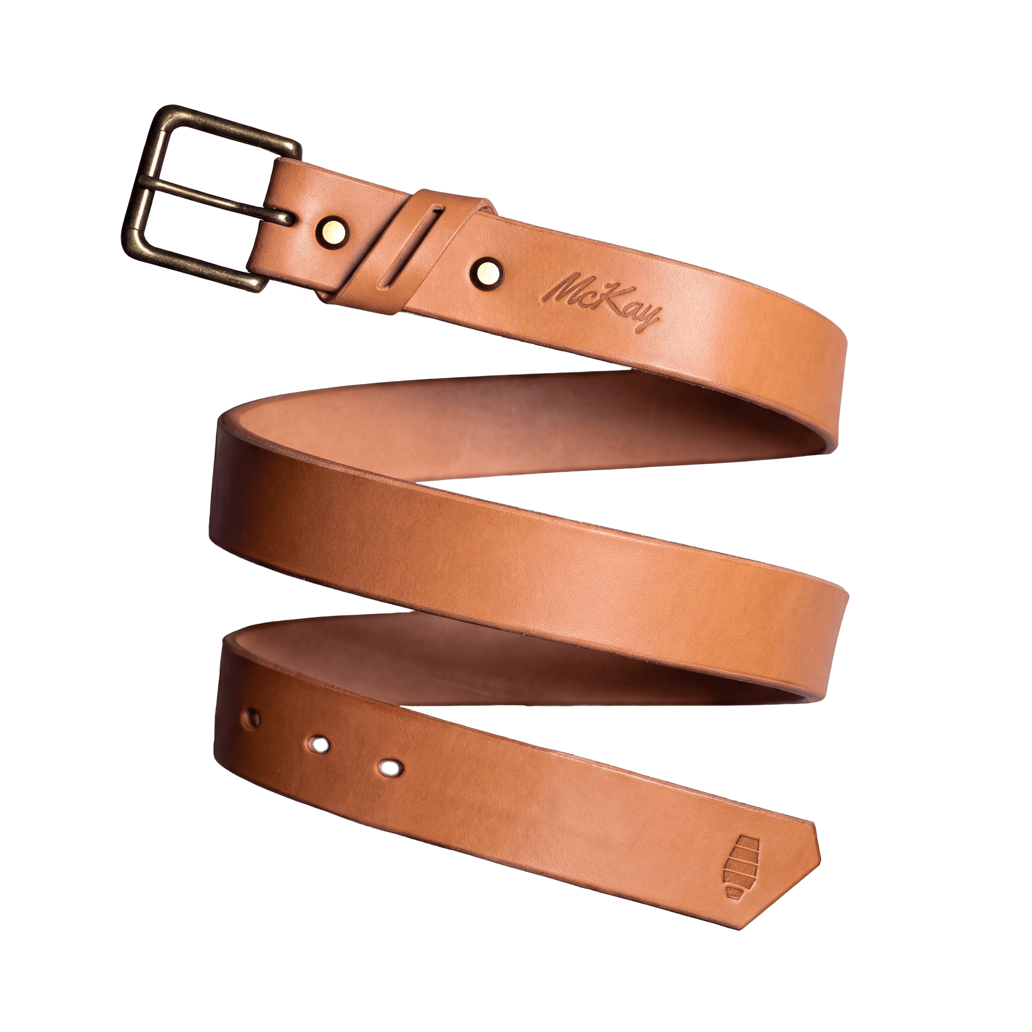 McKay Provisions Mainstay full grain leather belt in tan with brass buckle.