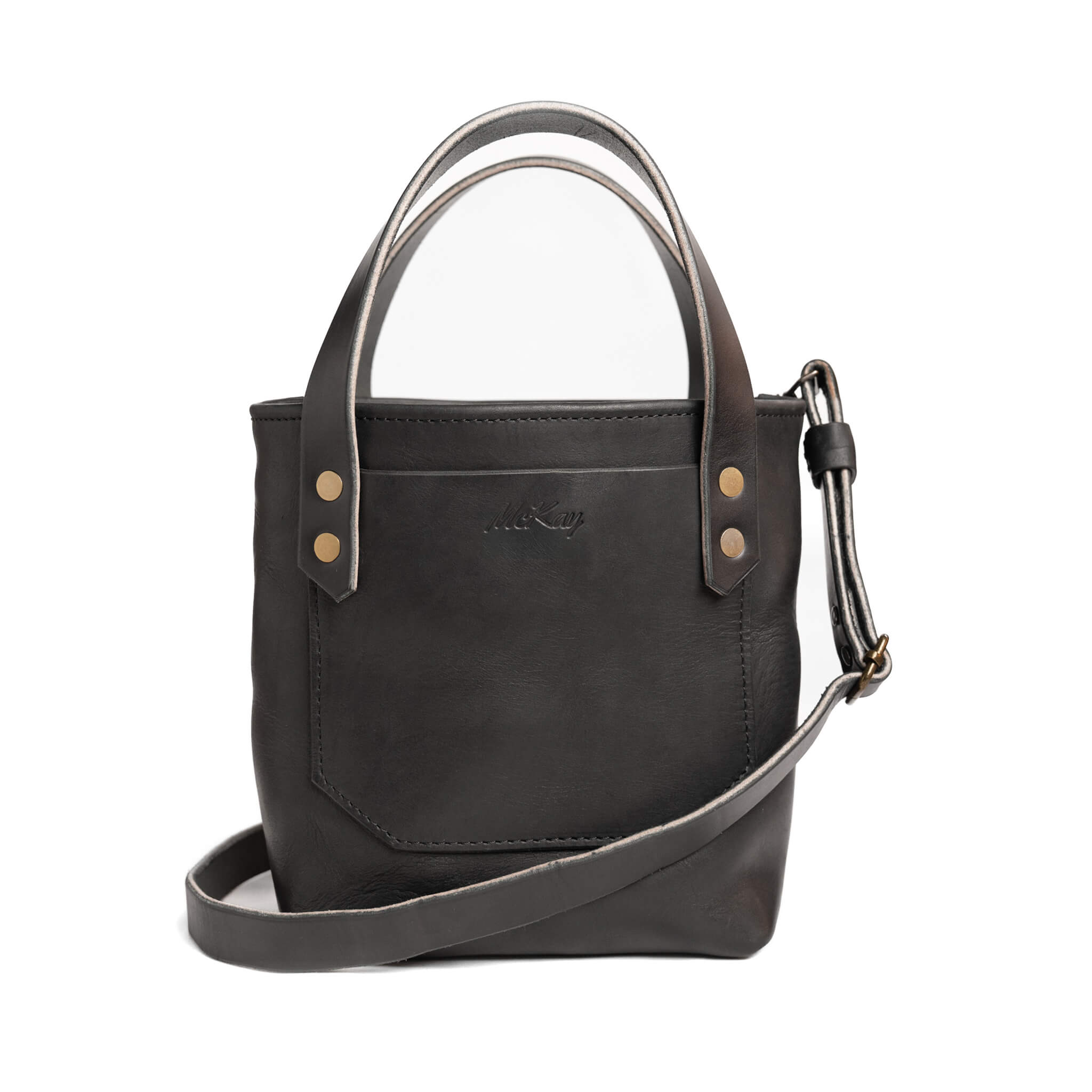 McKay onyx black mini tote side view adjustable removable crossbody strap full grain leather handbag