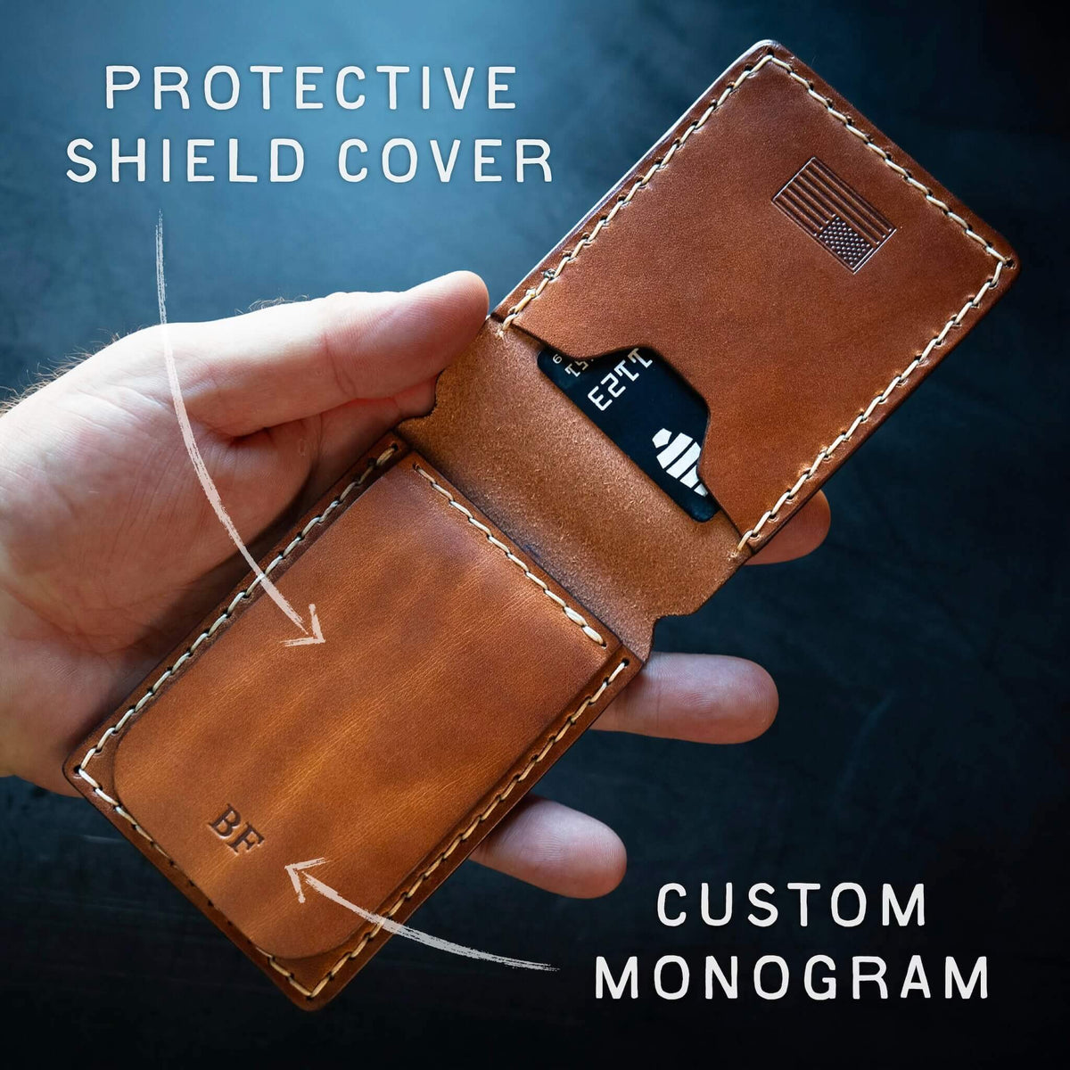 Leather police badge wallet with protective shield cover and custom monogram
