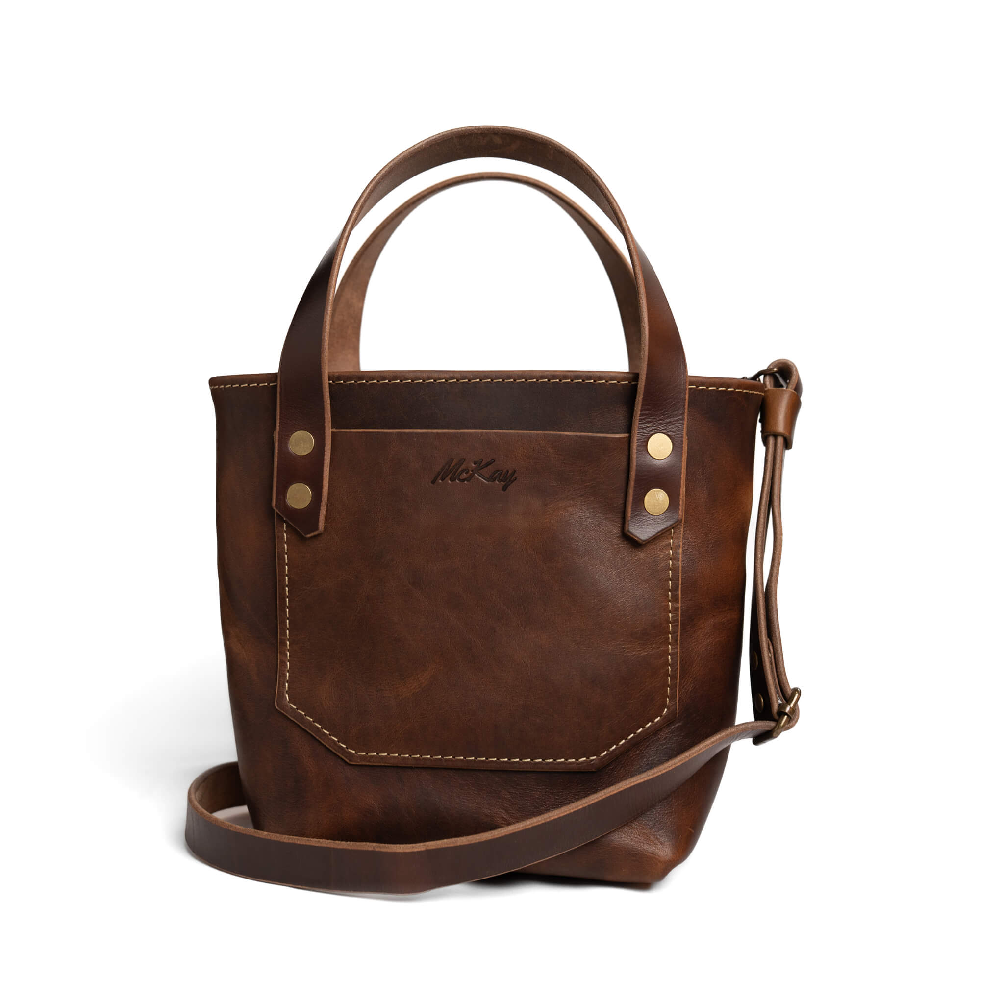Sable chocolate brown mini tote bag McKay handcrafted full grain veg tan leather outer pocket