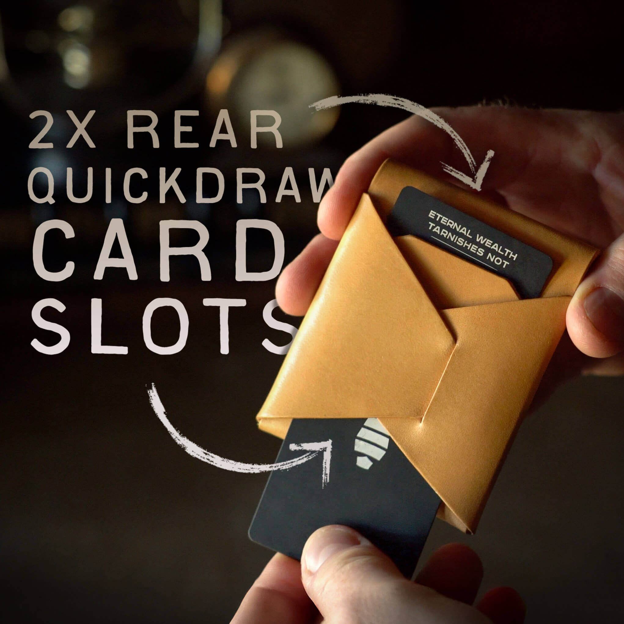 Two rear QuickDraw card slots on Voyager Sand tan colored wallet with text overlay demonstrating quick-access everyday carry feature