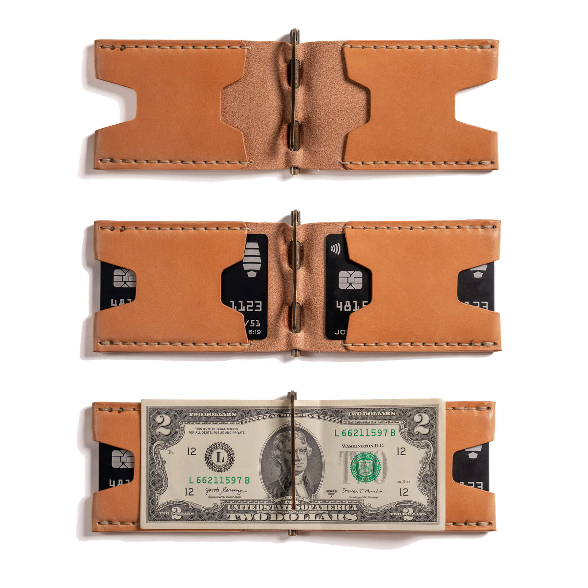 Three open Windward Sand Tan wallets shown empty, with cards, and with cards plus cash in the brass money clip