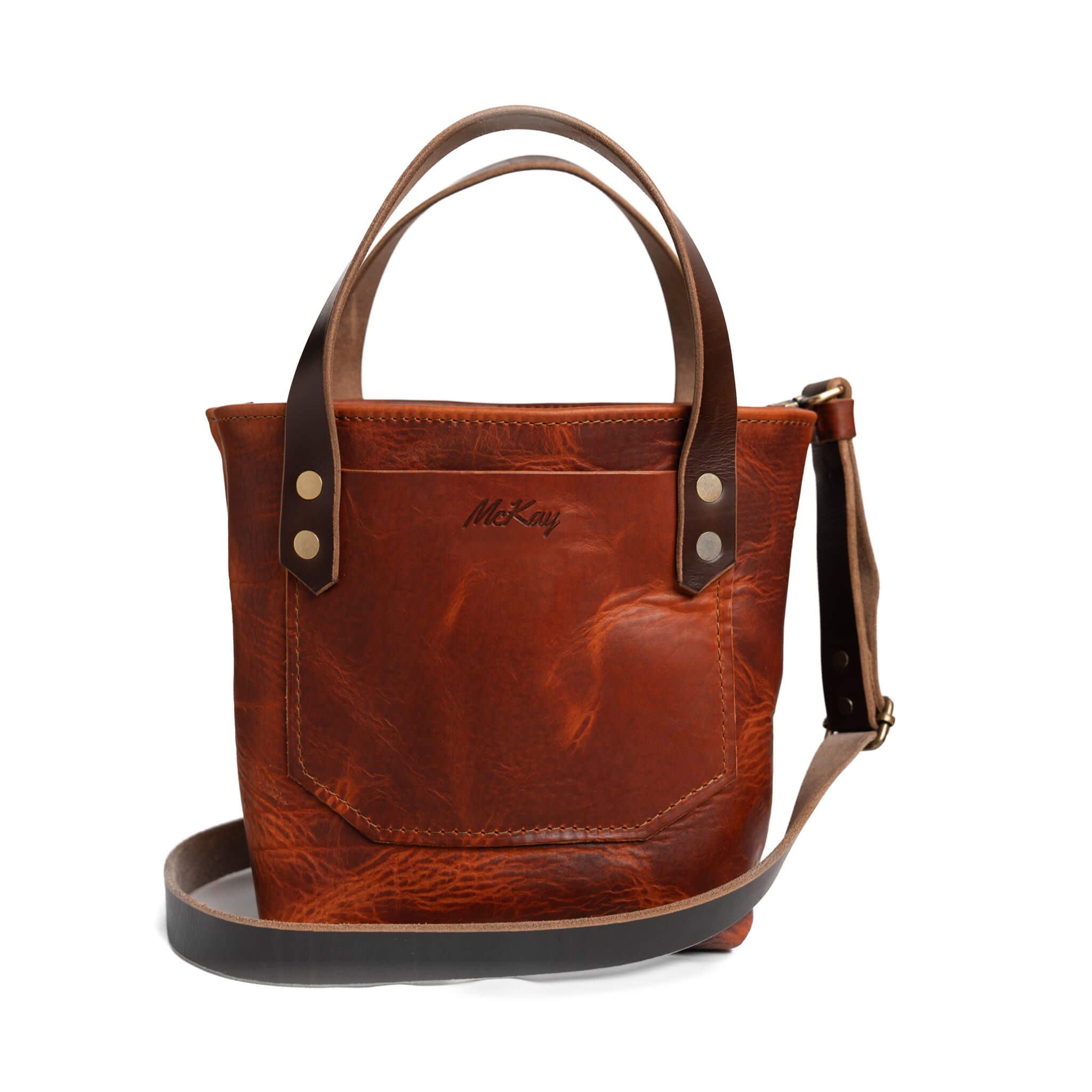 McKay mini tote bag ember cognac brown full grain veg tan leather removable crossbody strap outer pocket
