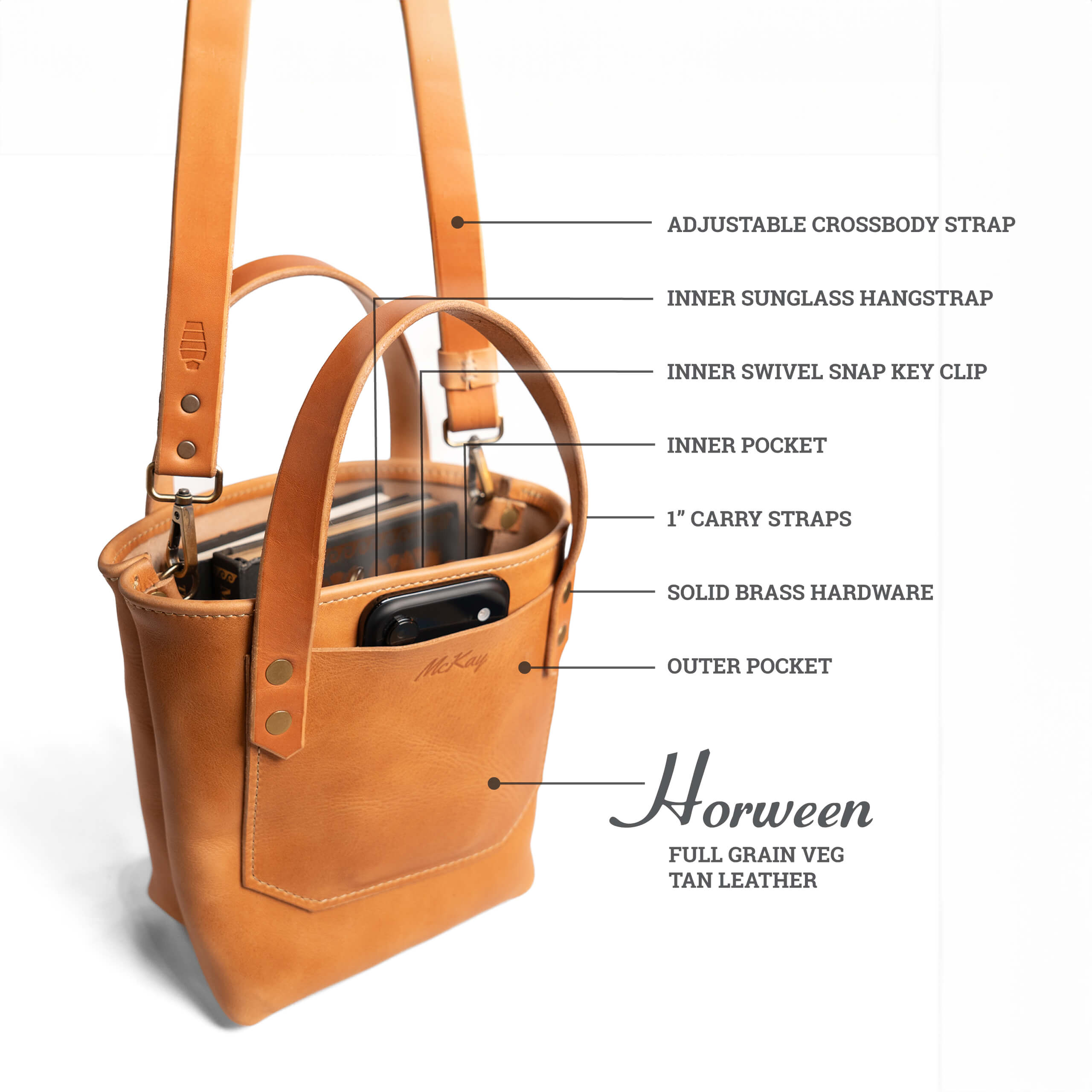 McKay mini tote features sunglasses hanger strap swivel key clip adjustable crossbody full grain leather