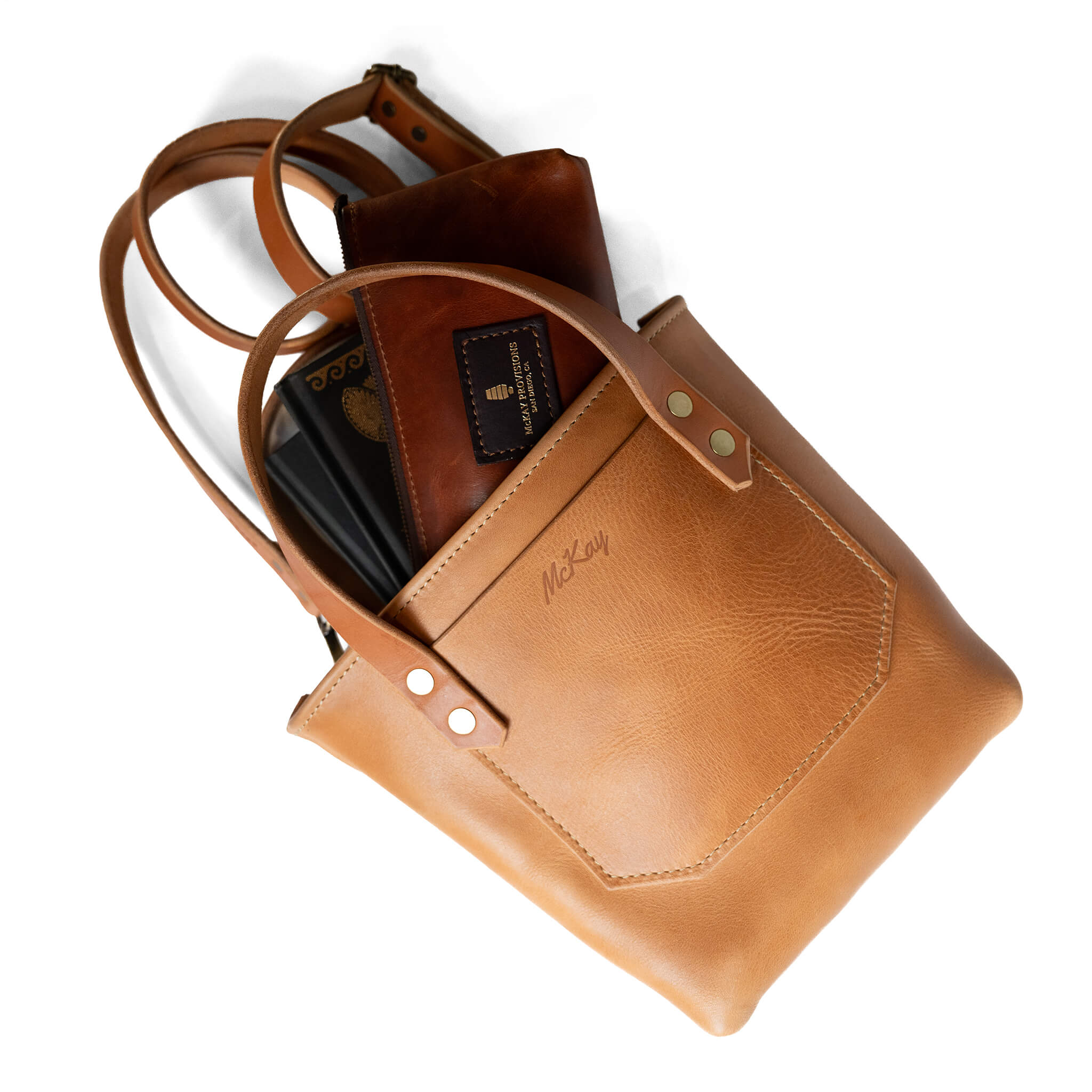Dune tan leather mini tote bag interior capacity McKay inner outer pockets organizational handbag