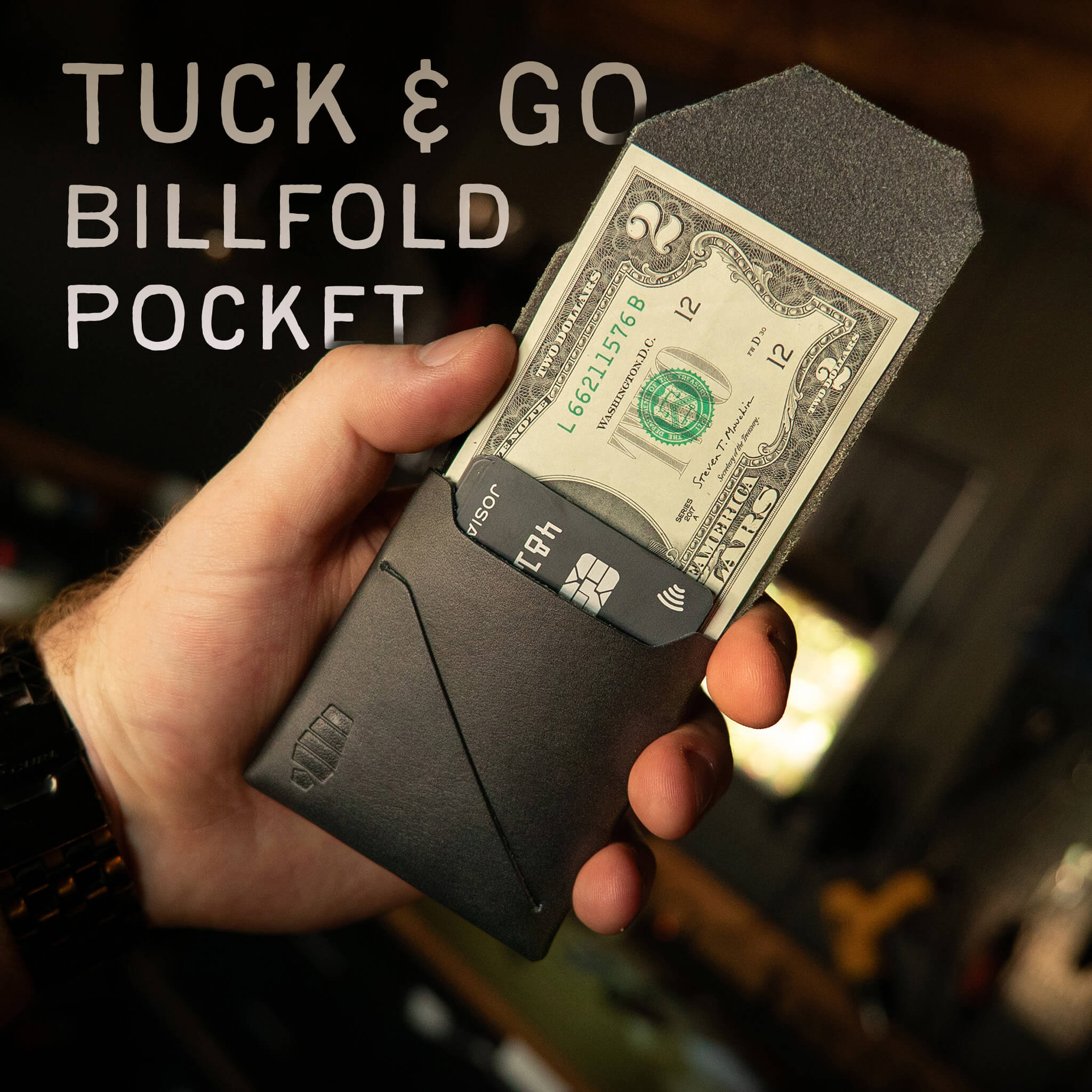 Tuck & Go billfold pocket feature on Voyager wallet with text overlay showing unfolded cash storage in Midnight Black leather