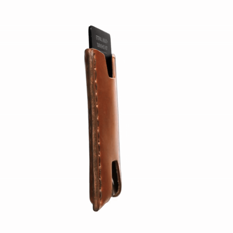 360-degree view of the Ulysses minimalist leather card wallet in Canyon brown.