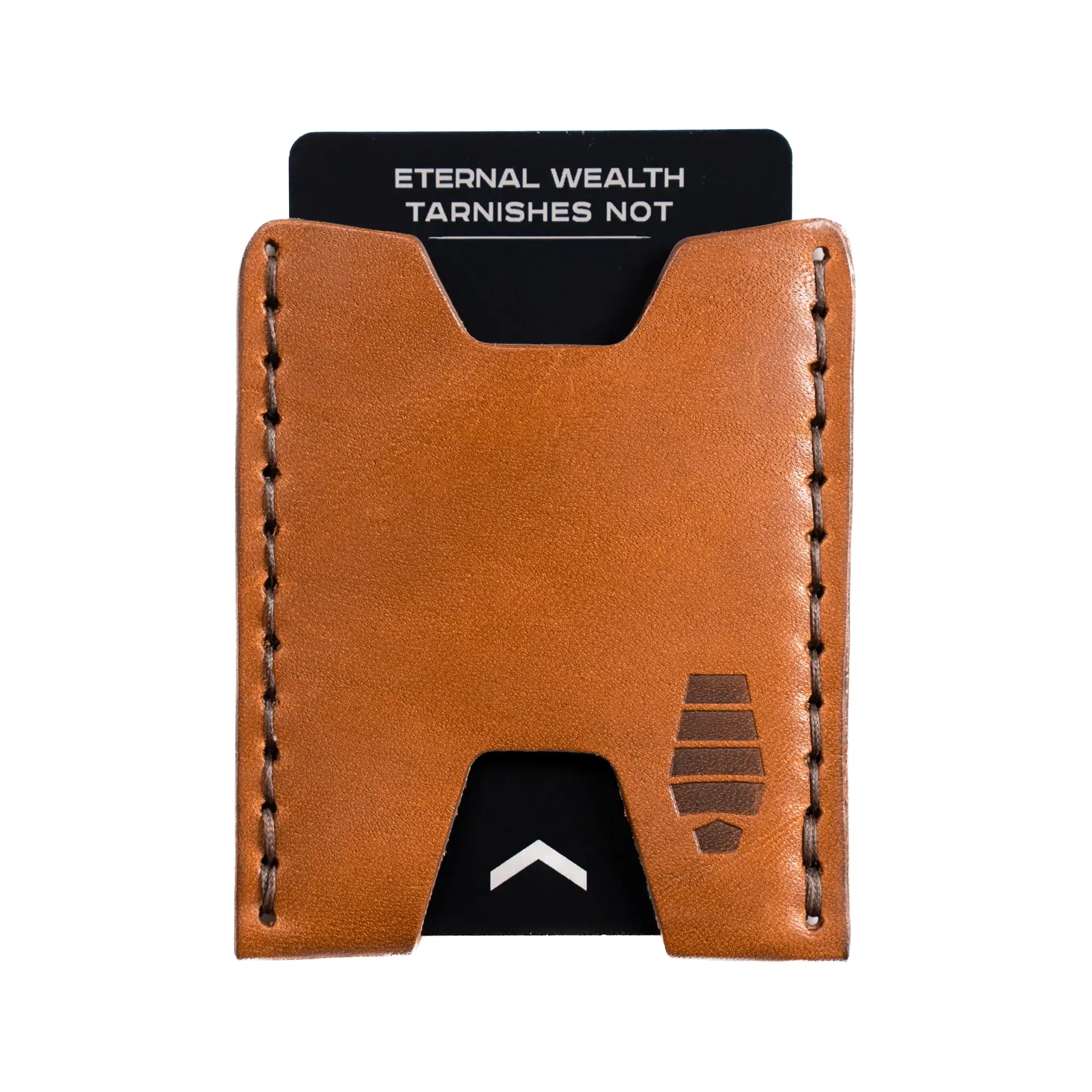 Minimalist full-grain leather card wallet in Canyon brown with hand-stitched edges.