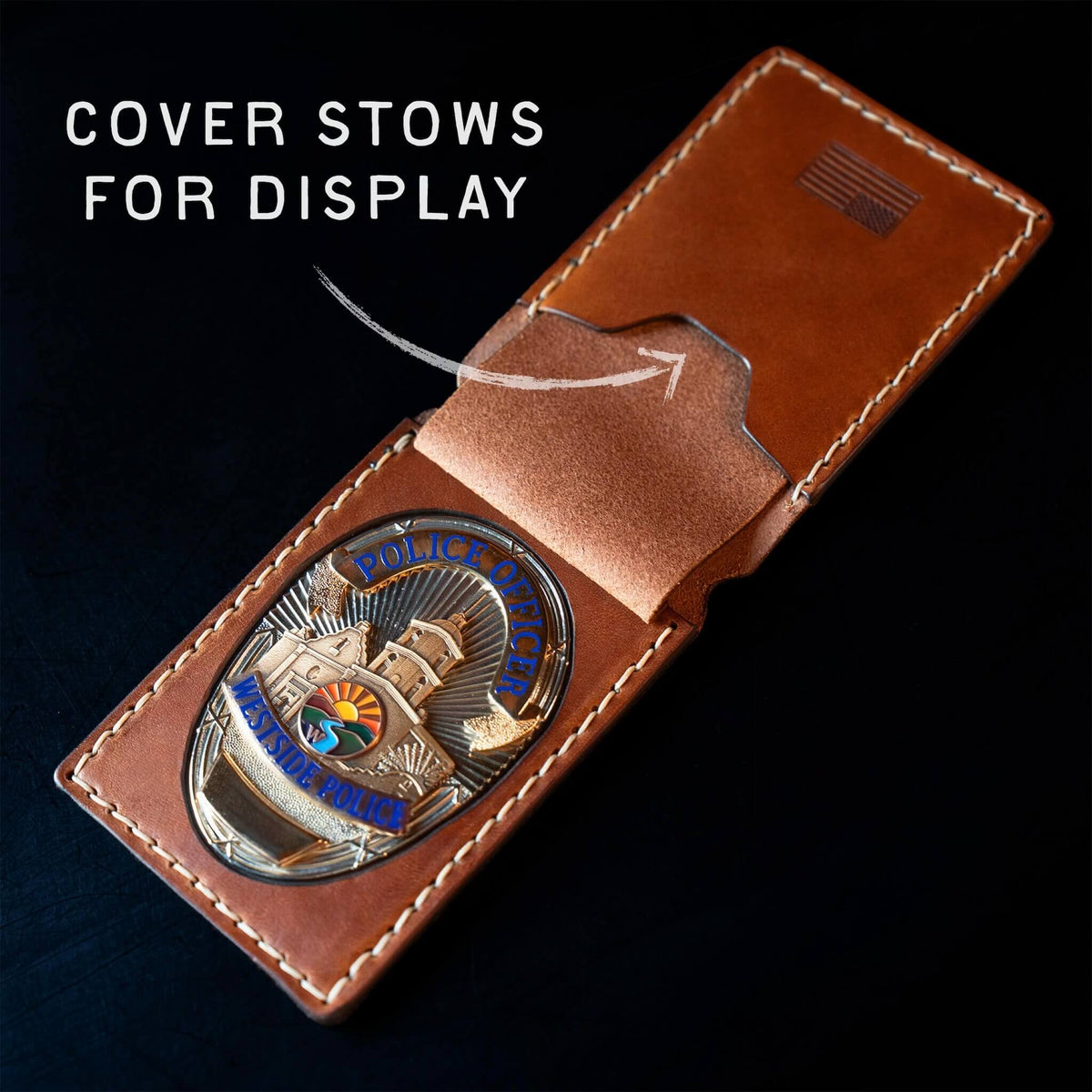 Police badge wallet with protective shield cover tucked away for badge display