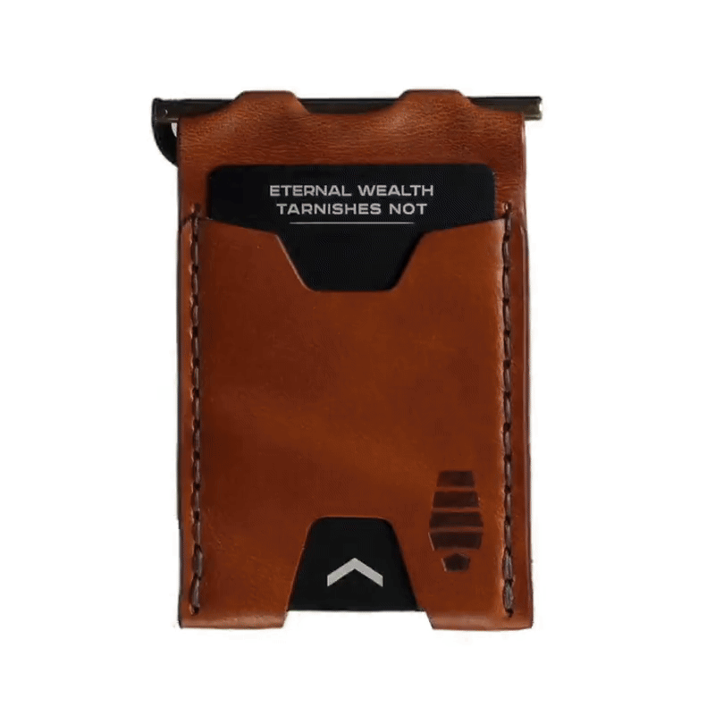 360-degree view of Windward leather wallet showing two exterior card pockets and opening to reveal two interior card pockets with a brass money clip in the center.