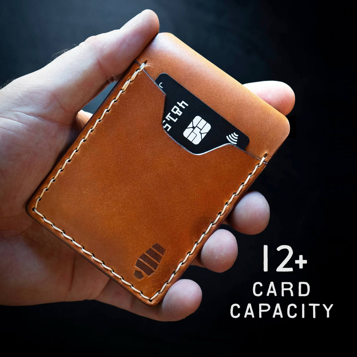 Minimalist leather badge wallet with 12 plus card capacity